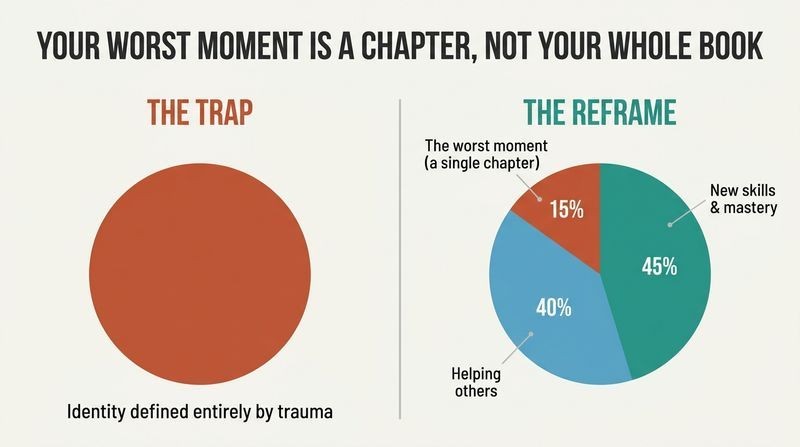 Split diagram comparing an identity consumed entirely by past trauma versus a healthy identity where trauma is just a small slice alongside new mastery and helping others.