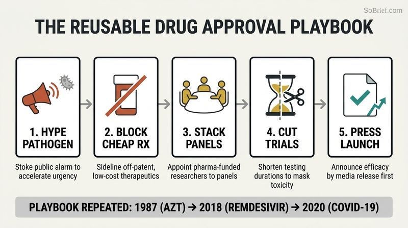 Staged process map illustrating the five sequential steps of the regulatory playbook template used to rush risky drugs to market from 1987 to 2020.