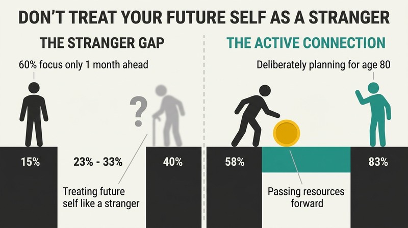 Split-panel diagram contrasting a disconnected mindset where the future self is an ignored, blurry stranger with a connected mindset where the present self bridges resources to a clear, smiling future self.