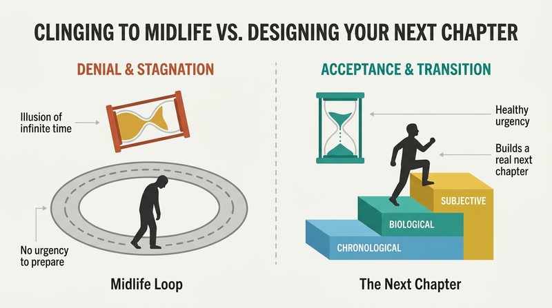 Split panel diagram comparing the loop of middle-age denial with an active, ascending path built on chronological acceptance, biological health, and subjective vitality.