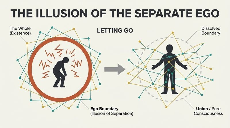 A split-panel diagram comparing the isolated ego, trapped inside a rigid wall of stress, with the liberated state of pure consciousness merging with the universe.