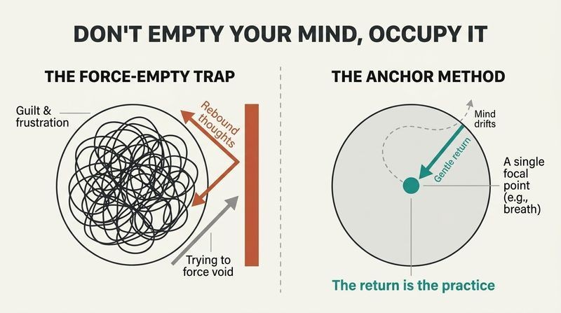 Split diagram comparing the frustration of trying to force an empty mind with the effective cycle of anchoring attention.