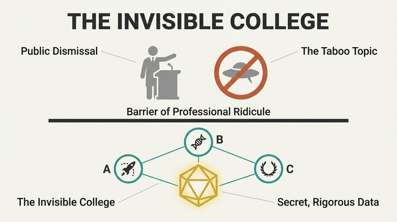 Split-level diagram showing how elite scientists publicly dismiss anomalous phenomena to avoid ridicule while secretly collaborating in a high-tech underground network.