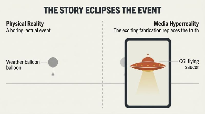 A split-panel diagram comparing a simple weather balloon on the left to its transformation into a glowing UFO on a screen on the right, illustrating how media fabrication replaces reality.