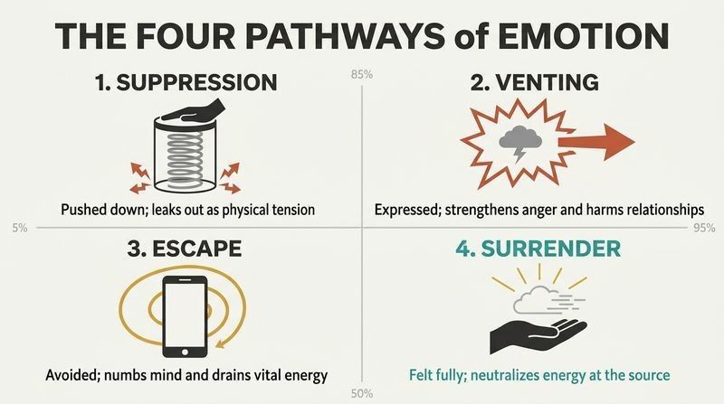 A 2x2 comparison grid showing how suppression, venting, and escape fail while surrender successfully neutralizes negative emotions.