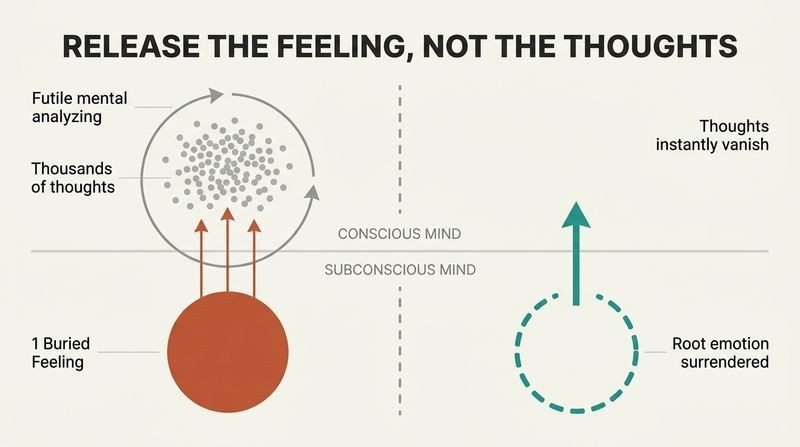 A split-panel diagram comparing a futile loop of chasing thousands of thoughts fed by one buried feeling, against the complete clearing of thoughts by surrendering that single root emotion.