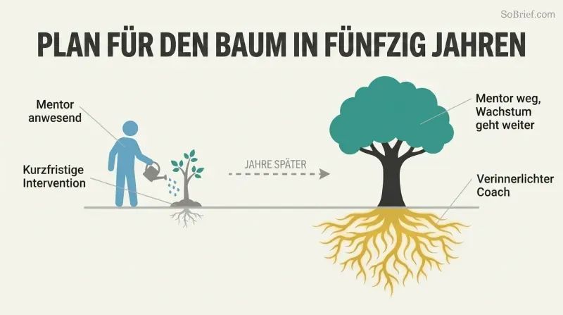Before-and-after transformation showing a mentor planting a small sapling that grows into a large self-sustaining tree with deep visible roots representing internalized guidance.