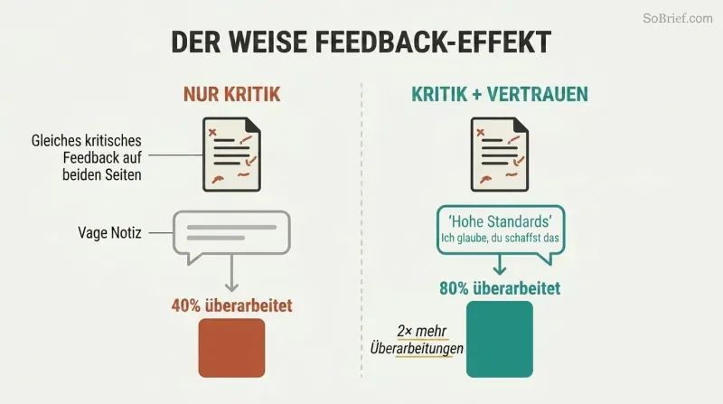 Split panel comparing criticism alone yielding 40% revision rates on the left versus criticism paired with expressed belief producing 80% revision rates on the right.