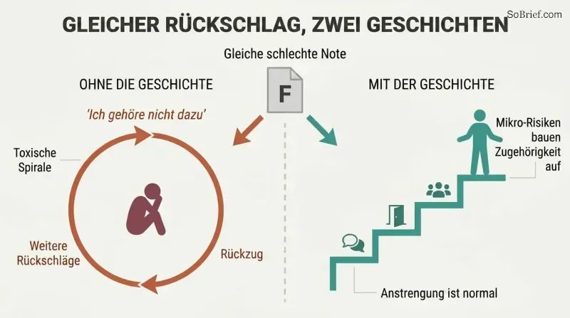 Split panel comparing a downward toxic spiral of withdrawal on the left with an ascending growth path of micro-risks on the right, both triggered by the same setback.