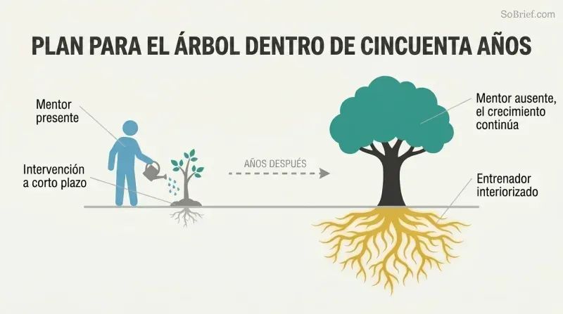 Before-and-after transformation showing a mentor planting a small sapling that grows into a large self-sustaining tree with deep visible roots representing internalized guidance.
