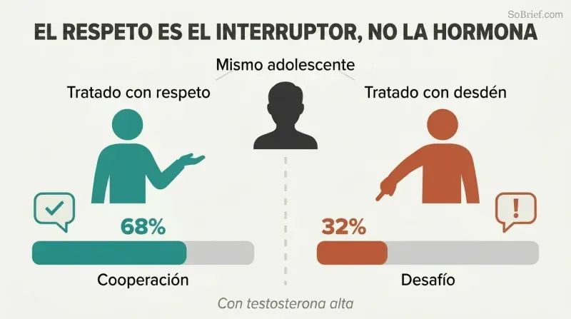 Split panel comparing how respectful versus dismissive treatment of the same teen produces 68% cooperation or 32% cooperation, showing that disrespect—not hormones—drives rebellion.