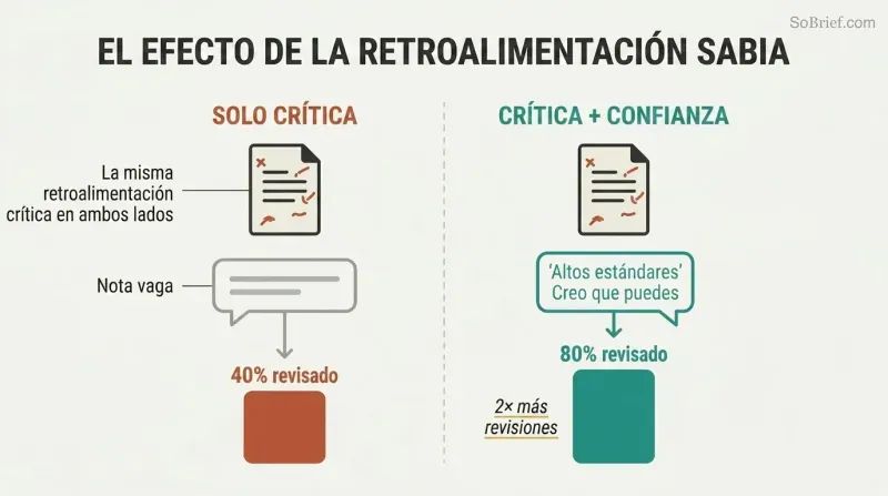 Split panel comparing criticism alone yielding 40% revision rates on the left versus criticism paired with expressed belief producing 80% revision rates on the right.