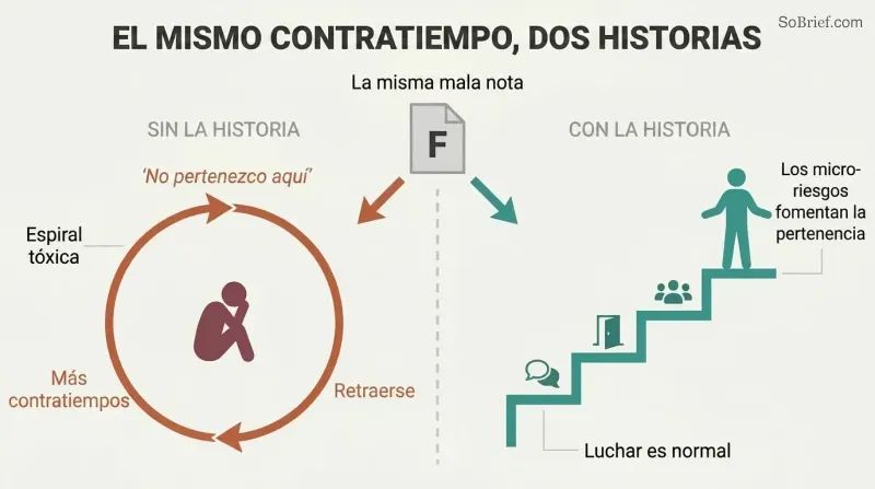 Split panel comparing a downward toxic spiral of withdrawal on the left with an ascending growth path of micro-risks on the right, both triggered by the same setback.