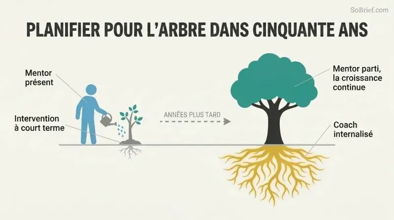 Before-and-after transformation showing a mentor planting a small sapling that grows into a large self-sustaining tree with deep visible roots representing internalized guidance.