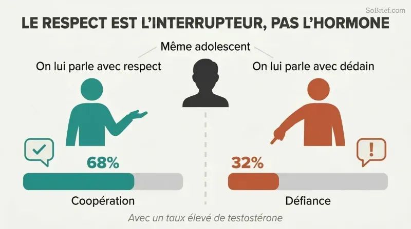 Split panel comparing how respectful versus dismissive treatment of the same teen produces 68% cooperation or 32% cooperation, showing that disrespect—not hormones—drives rebellion.