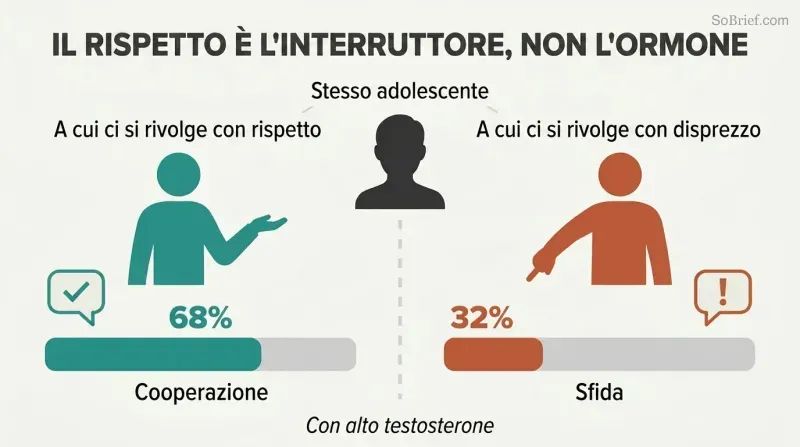 Split panel comparing how respectful versus dismissive treatment of the same teen produces 68% cooperation or 32% cooperation, showing that disrespect—not hormones—drives rebellion.