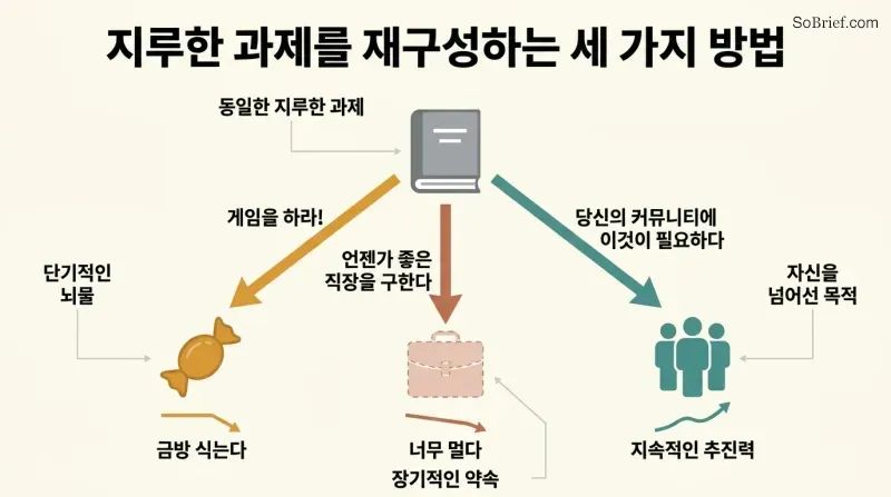 Three-branch fork showing a boring task framed as short-term bribe, long-term promise, or meaningful purpose, with only the purpose path leading to sustained engagement.