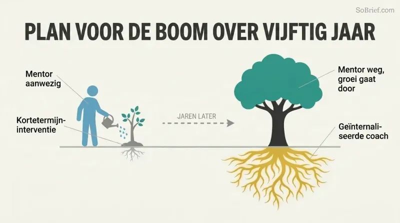 Before-and-after transformation showing a mentor planting a small sapling that grows into a large self-sustaining tree with deep visible roots representing internalized guidance.