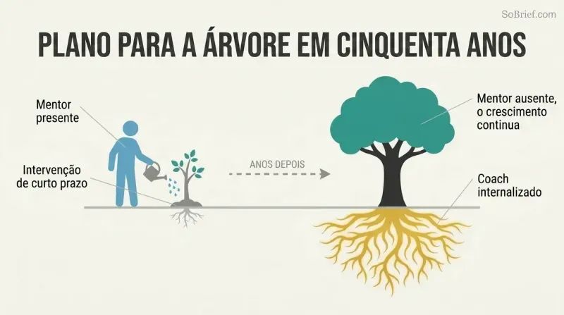 Before-and-after transformation showing a mentor planting a small sapling that grows into a large self-sustaining tree with deep visible roots representing internalized guidance.