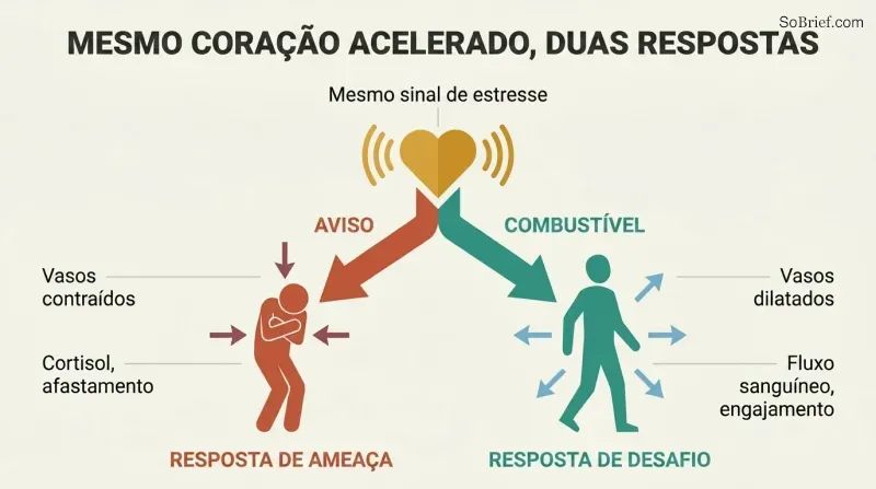 Fork diagram showing a racing heart diverging into a threat response with constriction and withdrawal versus a challenge response with energy and engagement.