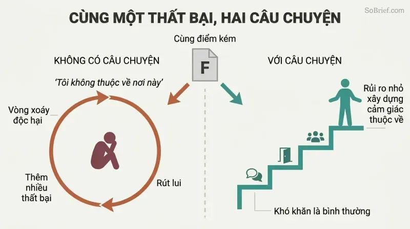 Split panel comparing a downward toxic spiral of withdrawal on the left with an ascending growth path of micro-risks on the right, both triggered by the same setback.