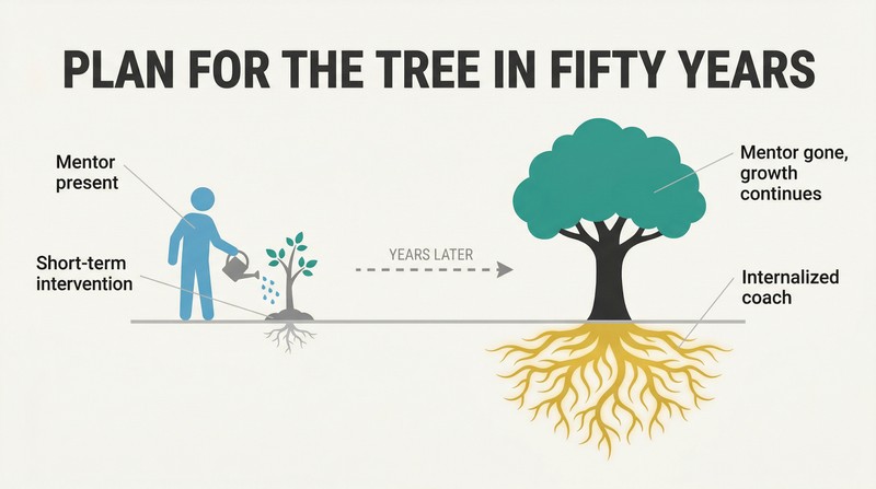Before-and-after transformation showing a mentor planting a small sapling that grows into a large self-sustaining tree with deep visible roots representing internalized guidance.
