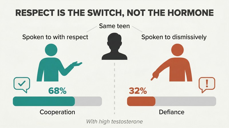 Split panel comparing how respectful versus dismissive treatment of the same teen produces 68% cooperation or 32% cooperation, showing that disrespect—not hormones—drives rebellion.