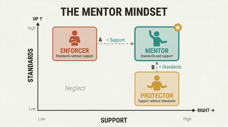 Two-by-two matrix with Standards and Support as axes, showing Enforcer and Protector in opposing quadrants while the Mentor mindset occupies the high-standards, high-support corner.