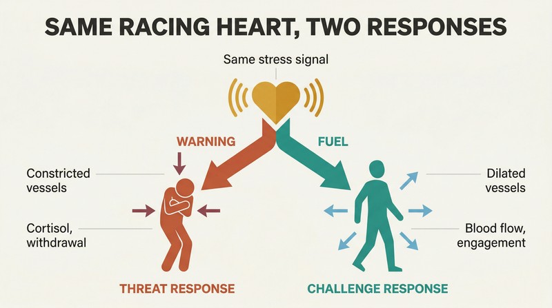 Fork diagram showing a racing heart diverging into a threat response with constriction and withdrawal versus a challenge response with energy and engagement.