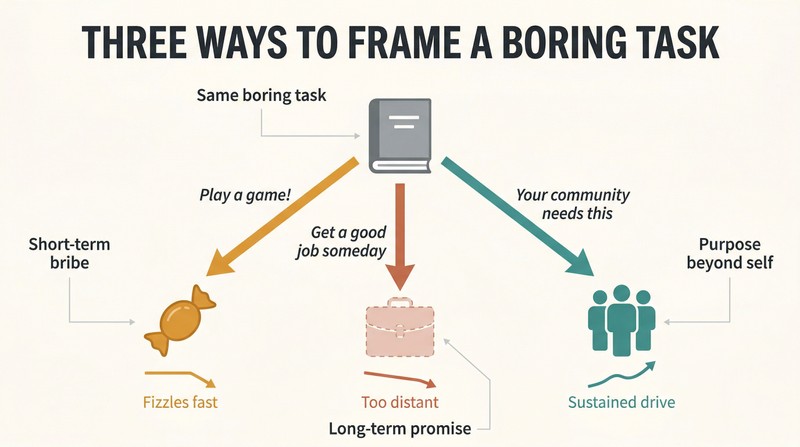 Three-branch fork showing a boring task framed as short-term bribe, long-term promise, or meaningful purpose, with only the purpose path leading to sustained engagement.