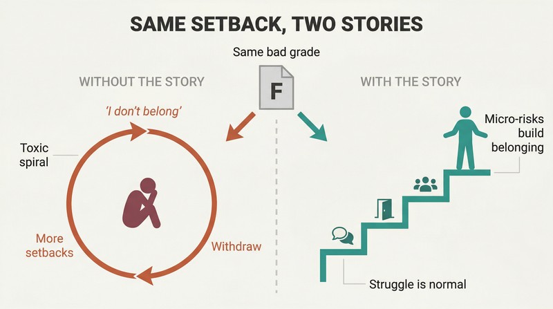 Split panel comparing a downward toxic spiral of withdrawal on the left with an ascending growth path of micro-risks on the right, both triggered by the same setback.