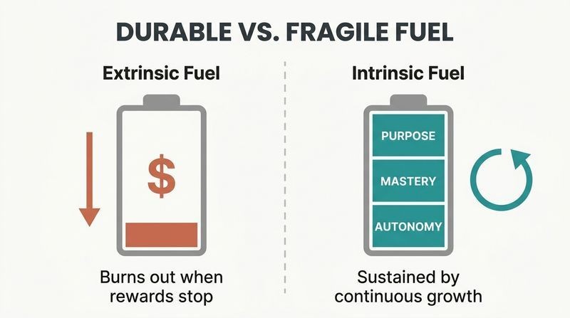 Split diagram comparing a depleted extrinsic fuel cell powered by money to a self-replenishing intrinsic fuel cell powered by autonomy, mastery, and purpose.