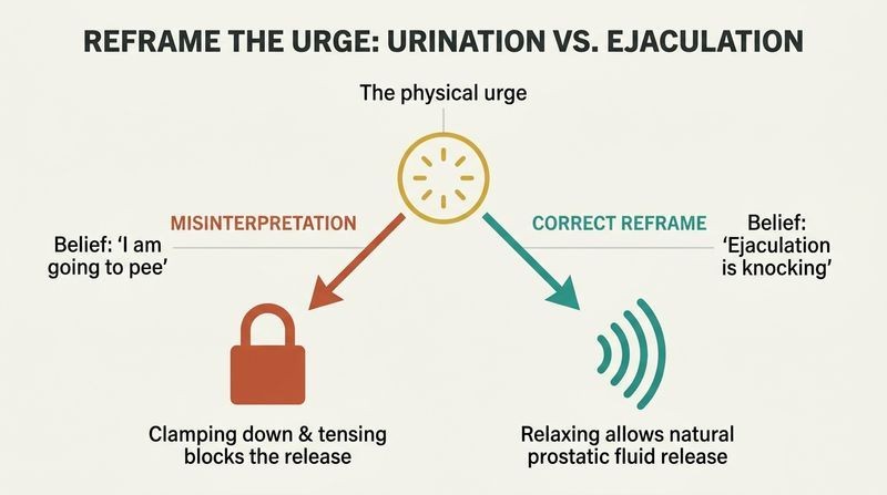 Fork diagram showing how interpreting high-arousal pressure as the urge to urinate leads to tensing and a blocked release, while reframing it as ejaculation leads to relaxation and full release.