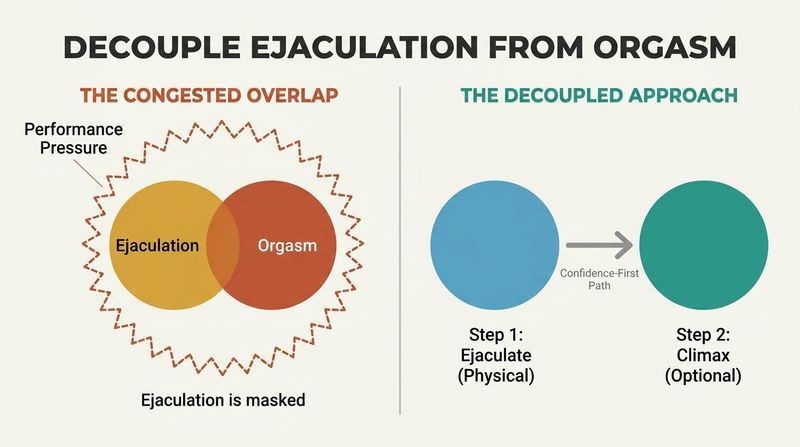 Split panel diagram contrasting a high-pressure overlapping model of climax where ejaculation is masked, against a decoupled, step-by-step model that builds body confidence.