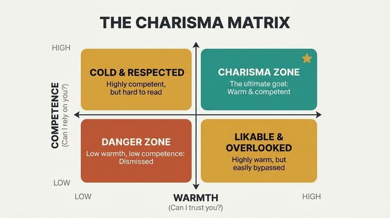 A two-by-two matrix comparing Warmth and Competence, highlighting how they combine into four social archetypes, with the Charisma Zone being the ultimate goal.