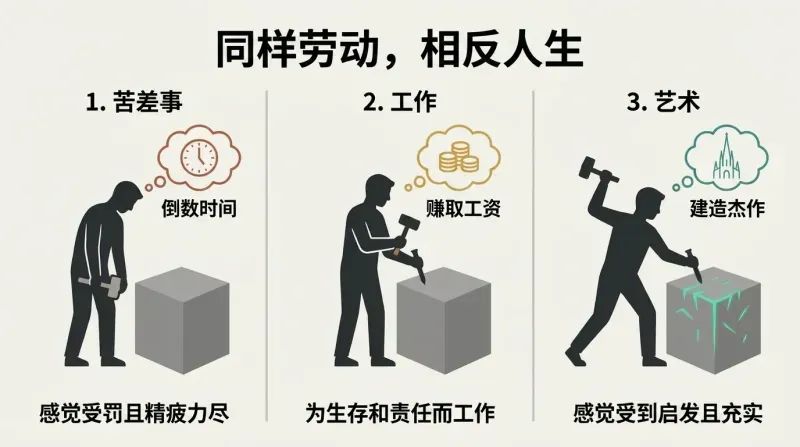 Three-panel diagram illustrating the fable of the three stonemasons, showing how shifting your mindset from a chore to an art transforms your experience of work.