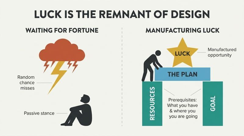 Split panel comparison showing passive waiting for random fortune on the left, and systematic engineering of luck using resources and goals on the right.