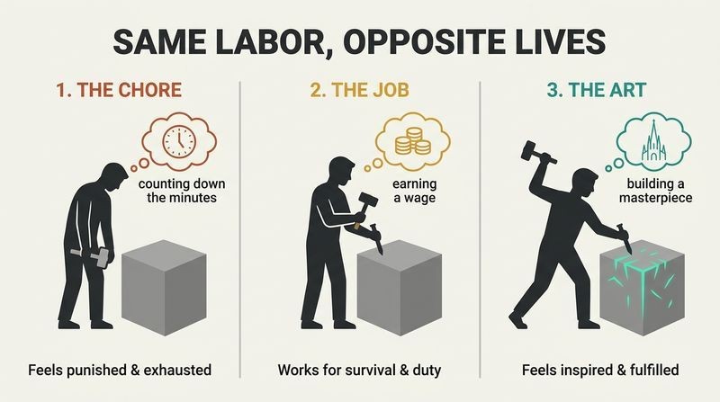 Three-panel diagram illustrating the fable of the three stonemasons, showing how shifting your mindset from a chore to an art transforms your experience of work.