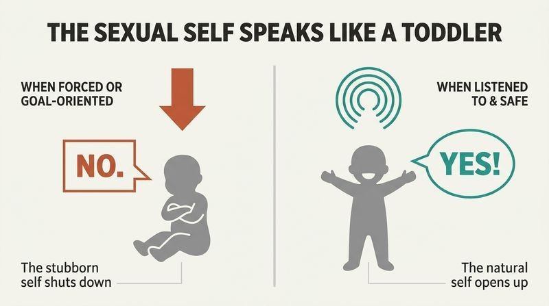 Split panel diagram comparing how the toddler-like sexual self responds with a stubborn "NO" to force and pressure, but with a natural "YES" to safety and listening.