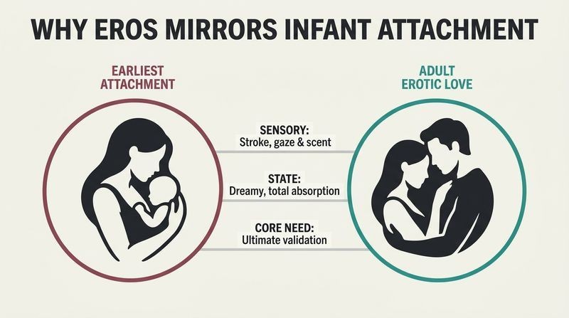 Split panel diagram demonstrating how adult erotic love mirrors the sensory and emotional architecture of early mother-infant attachment.