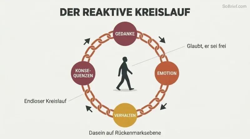 Circular chain made of four linked stages — thought, emotion, behavior, consequences — enclosing a small walking figure who mistakes the loop for an open path.