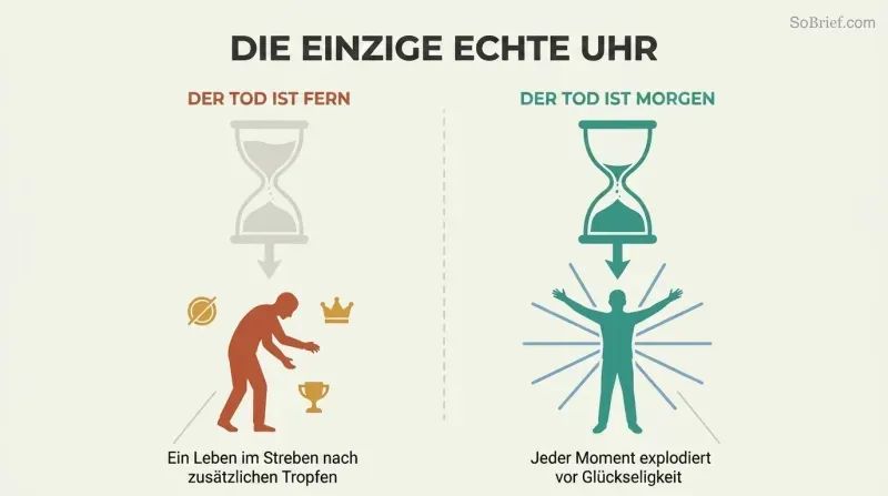 Split panel contrasting abstract versus visceral awareness of death, showing how a distant hourglass leads to wasted life while a nearly empty hourglass awakens bliss.