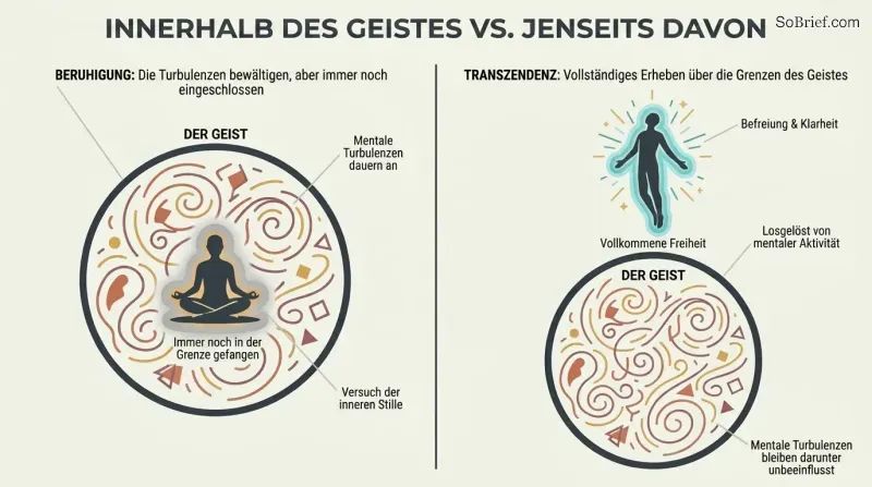 Split panel showing a figure sitting inside a circle representing the mind on the left versus a figure risen above and free of the same circle on the right.