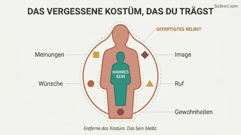 Nested silhouette diagram showing a burdened outer persona layer surrounding an unburdened inner being, with labels for reputation, desires, and habits attached only to the outer shell.