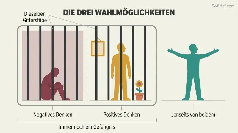 Three panels showing a dark prison cell, a decorated prison cell with identical bars, and a wide open space with no walls, revealing positive thinking as merely decorating the same confinement.