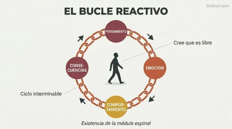 Circular chain made of four linked stages — thought, emotion, behavior, consequences — enclosing a small walking figure who mistakes the loop for an open path.