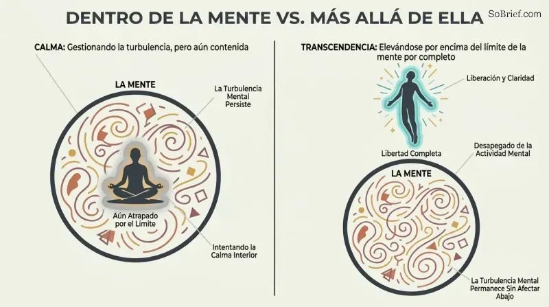 Split panel showing a figure sitting inside a circle representing the mind on the left versus a figure risen above and free of the same circle on the right.