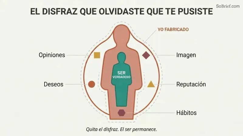 Nested silhouette diagram showing a burdened outer persona layer surrounding an unburdened inner being, with labels for reputation, desires, and habits attached only to the outer shell.