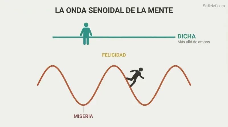 Sine wave cycling between happiness peaks and misery troughs below a still horizontal line labeled bliss, showing that peace lies beyond the oscillation.