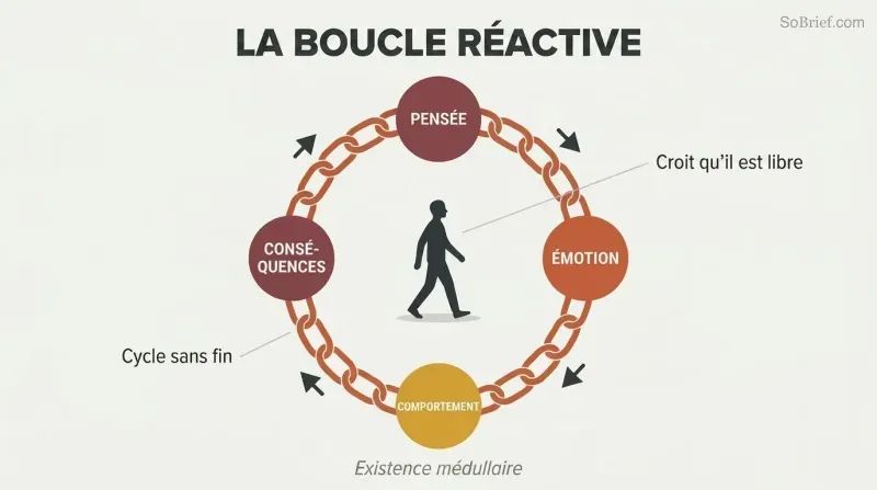 Circular chain made of four linked stages — thought, emotion, behavior, consequences — enclosing a small walking figure who mistakes the loop for an open path.